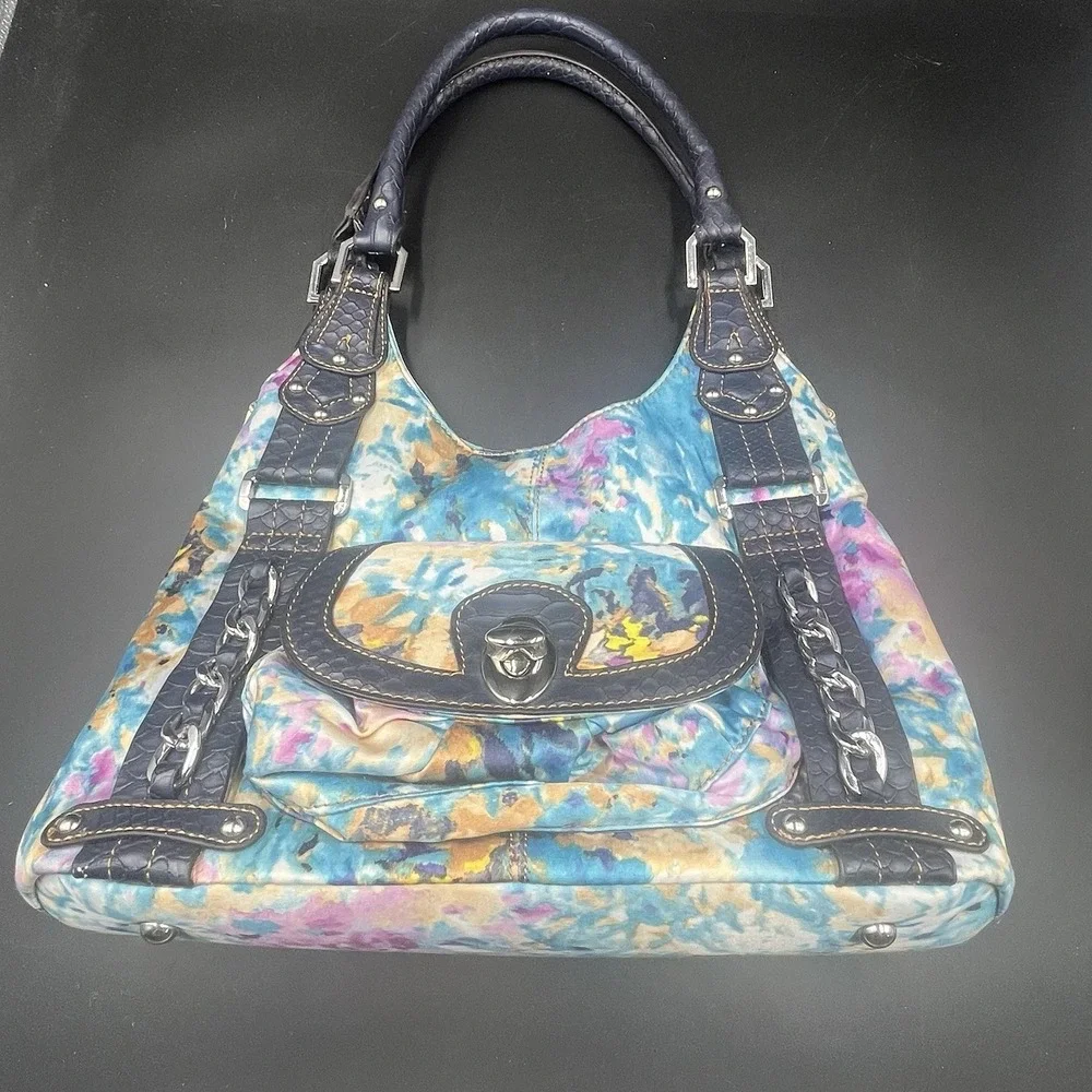 Wilson Leather Blue and Pink Water‎ Color Floral Fabric Hobo Bag Rare